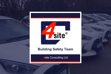 The image features a promotional graphic for "4site Consulting Ltd" with a focus on their "Building Safety Team." The logo consists of a stylized "4site" with a bold red "4" and a dark blue geometric shape surrounding it. Below the logo, the words "Building Safety Team" are written in dark blue. The bottom of the graphic contains the text "4site Consulting Ltd" in white and red on a dark blue background with a red underline. The background of the image shows a row of white company-branded cars with the "4site" logo on their hoods, parked in a lot. The image has a dark overlay, emphasizing the central graphic.